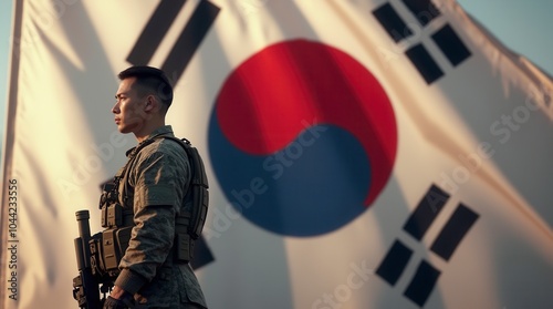 South Korean soldier standing in front of South Korea flag military patriotism