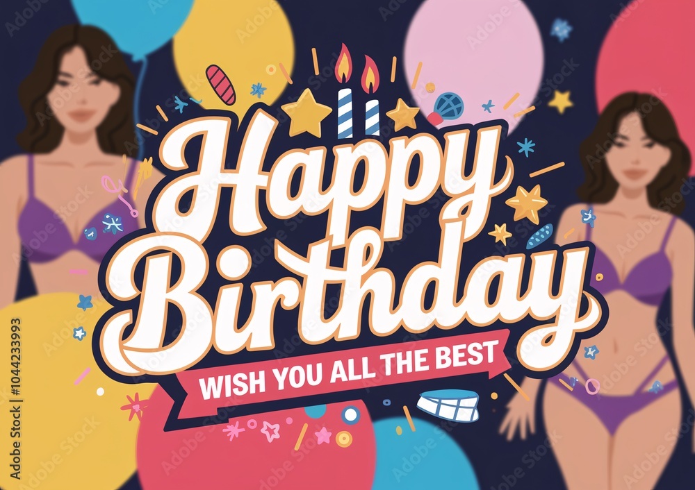 Colorful birthday card with a woman in a purple bikini and the words Colorful birthday card with a woman in a purple bikini and the words