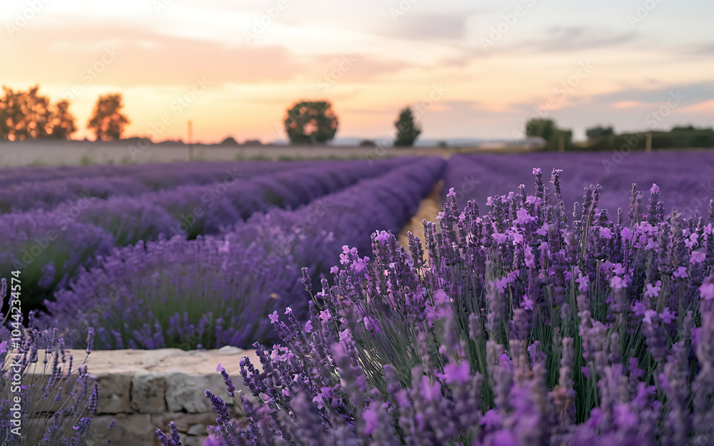 Fototapeta premium Purple lavender field sunset romantic nature background 