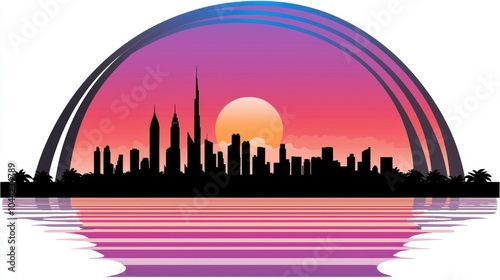 Wallpaper Mural Colorful Sunset Cityscape with Silhouetted Skyscrapers Reflecting on Water Torontodigital.ca