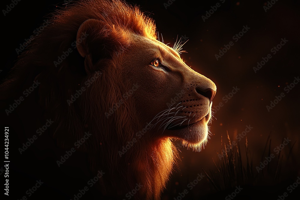 Naklejka premium Majestic lion profile against a dark backdrop, highlighting strength and elegance.