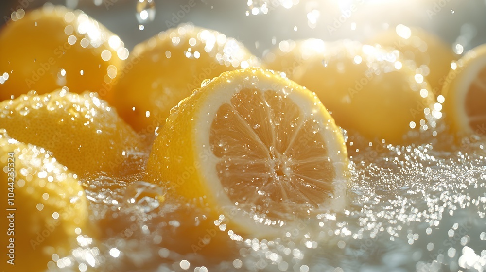 Overhead shot of juicy lemons covered in fresh water drops, reflecting sunlight, vibrant and fresh against a clean, light backdrop, capturing refreshing zest Overhead shot of juicy lemons covered in fresh water drops, reflecting sunlight, vibrant and fresh against a clean, light backdrop, capturing refreshing zest