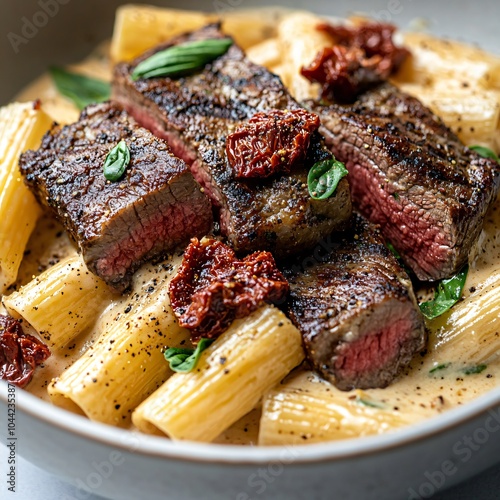 Steak auf cremiger Rigatoni-Pasta mit getrockneten Tomaten und Basilikum photo