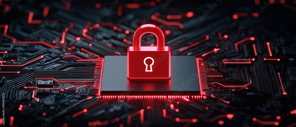 Red digital padlock on circuit board, symbolizing cybersecurity and data protection. Red digital padlock on circuit board, symbolizing cybersecurity and data protection.