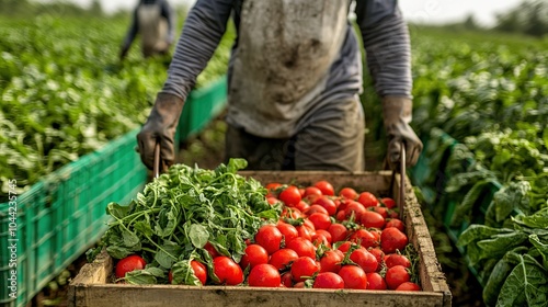 A farmer harvests fresh tomatoes in a lush field, filling a wooden crate with ripe produce, showcasing agricultural vitality and hard work.