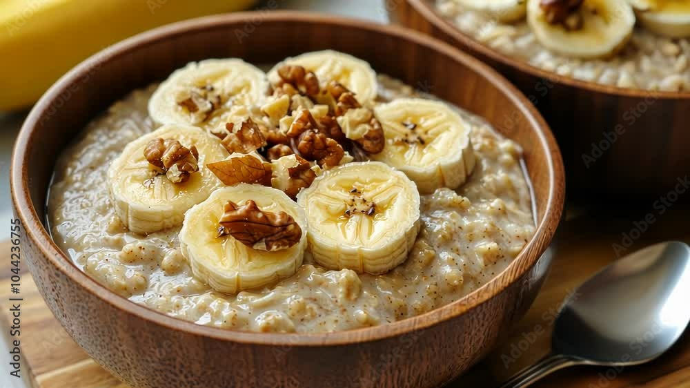 A bowl of oatmeal topped with banana slices and walnuts, showcasing a healthy breakfast option. A bowl of oatmeal topped with banana slices and walnuts, showcasing a healthy breakfast option.