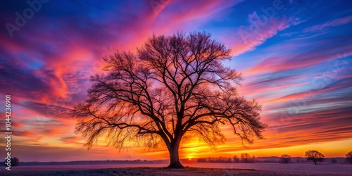 Stunning Long Exposure of a Leafless Tree Silhouette Against a Vibrant Winter Sunset Sky