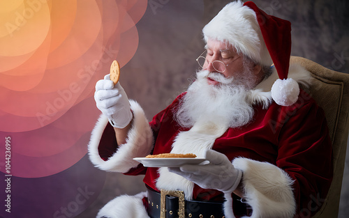 Santa Claus in red and white holding a cookie for Christmas celebration   