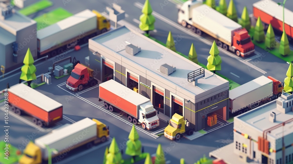 Low-Poly Illustration of Trucks Loading at a Warehouse Low-Poly Illustration of Trucks Loading at a Warehouse