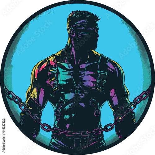 Topless gay guy with chains in leather harness and mask in nightclub. Neon circle image for t-shirt in military style photo