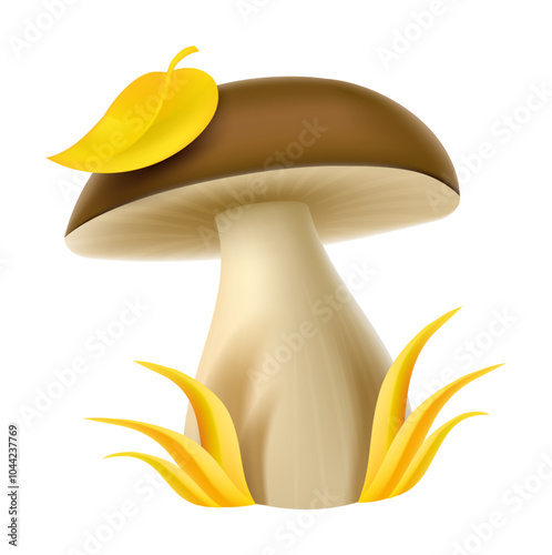 Mushroom with brown cap and yellow leaf on the top in autumn grass. Realistic isolated white transparent background. Vector illustration.