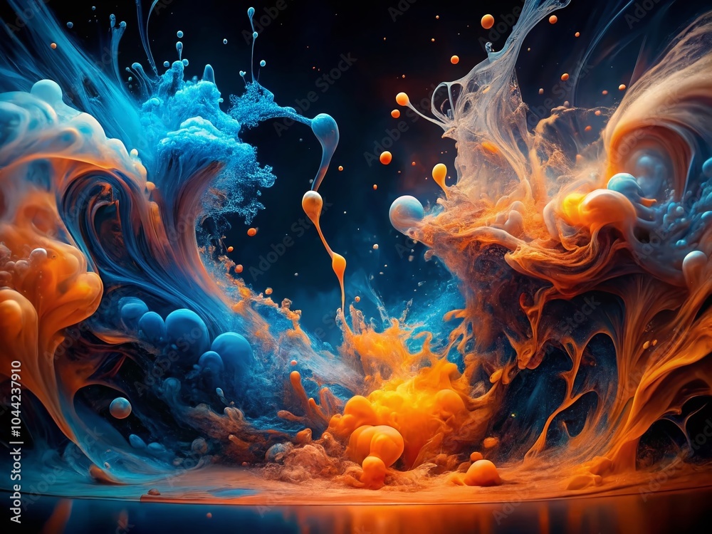 Obraz premium Stunning Night Photography of Blue and Orange Liquid Ink Churning Together in a Realistic 3D Digital Art Illustration