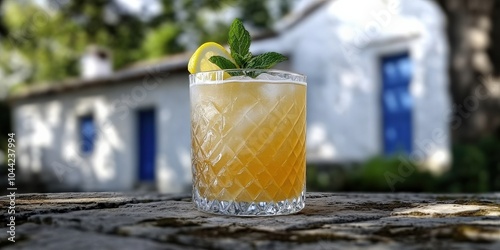 Refreshing Citrus Cocktail with Lemon Garnish and Mint in Textured Glass on Rustic Table with Scenic Cottage and Greenery in Background Perfect for Summer photo