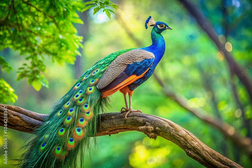 Obraz premium Stunning Peacock Perched on Tree Branch - Vibrant Colors and Nature's Beauty Captured in Food Photography