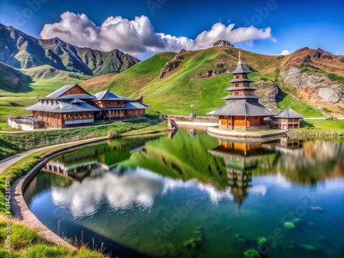 Stunning Panoramic View of Prashar Lake and Pagoda Temple in Himachal Pradesh photo