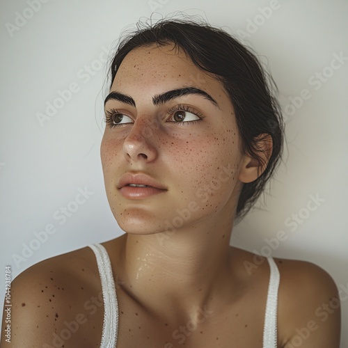 Nachdenklicher Blick einer Frau mit Sommersprossen photo