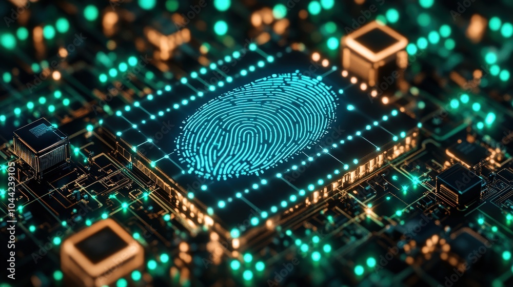 Obraz premium Futuristic Circuit Board Art with Glowing Microchip and Digital Data Flow in Neon Lights Reflecting Advanced Technology and Innovation in Electronic Design