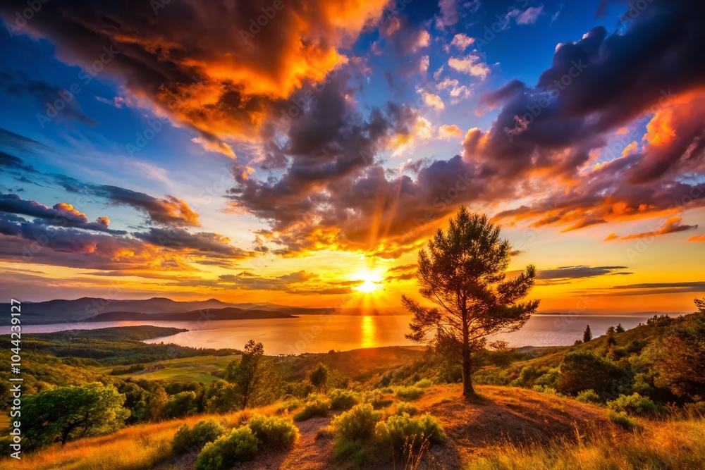 Obraz premium Stunning Silhouette Photography at Sunset Over a Serene Landscape with Vibrant Colors and Dramatic Sky for Nature