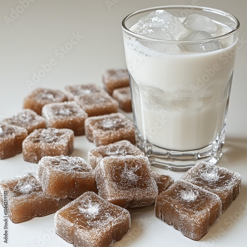 Refreshing Iced Glass of Milk with Sweet Brown Sugar Cubes Dessert Frozen Beverages Delicious Sweetener Tantalizing Treat Kitchen Table White Beverage photo