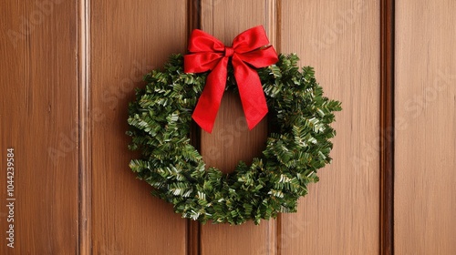 A festive green wreath with a red bow adorns a wooden door, symbolizing holiday cheer and seasonal decor.