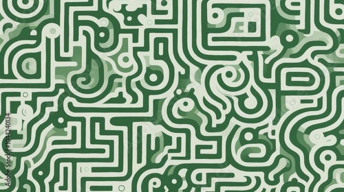 Seamless Pattern of Green and White Labyrinth Designs with Natural Beige Tones