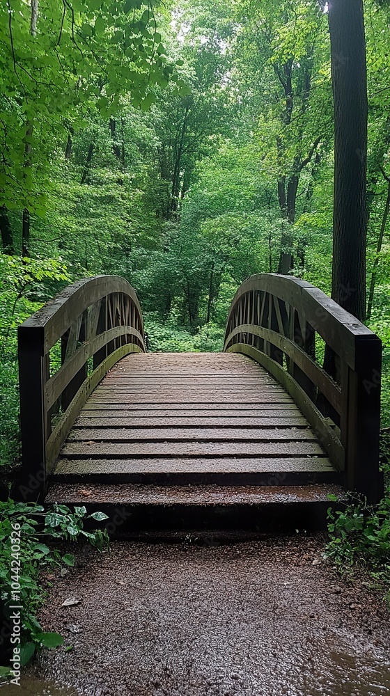Wooden Bridge Leading Through Lush Forest Wooden Bridge Leading Through Lush Forest
