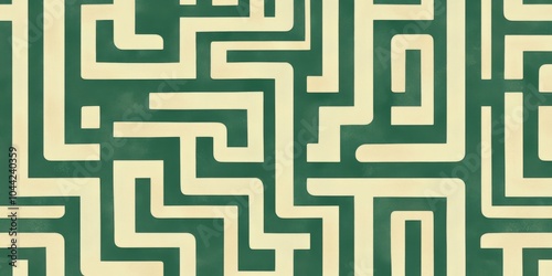 Seamless Pattern of Green and White Labyrinth Designs with Natural Beige Tones