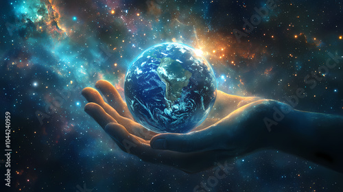 Fototapeta Naklejka Na Ścianę i Meble -  Cosmic being cradling planet earth in space - an evocative and imaginative illustration of a cosmic entity holding earth against a vibrant galactic backdrop. Celestial Guardian. Illustration