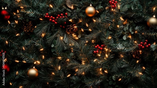 close-up christmas tree branches with shiny lights and ornaments