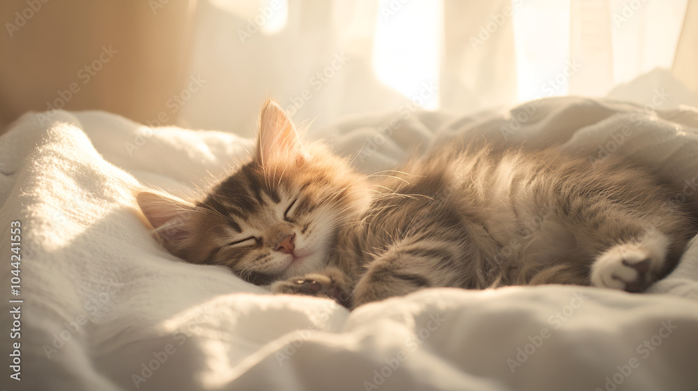 Obraz premium Fluffy Kitten Napping on White Blanket with Golden Sunlight Streaming Through Window