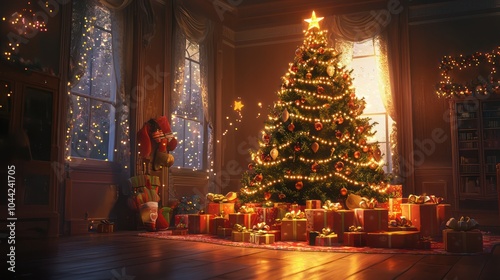 Wallpaper Mural A traditional Christmas tree surrounded by presents and glowing with warm holiday lights Torontodigital.ca