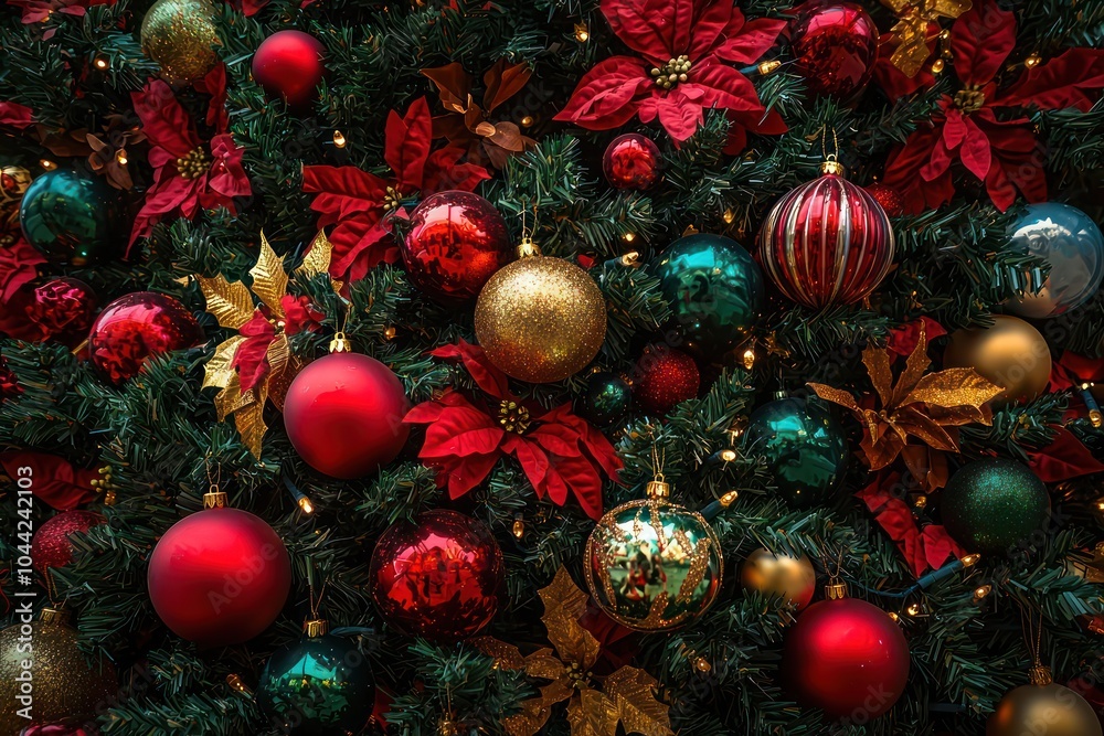 A colorful Christmas tree with bright red, green, and gold ornaments, creating a festive atmosphere A colorful Christmas tree with bright red, green, and gold ornaments, creating a festive atmosphere