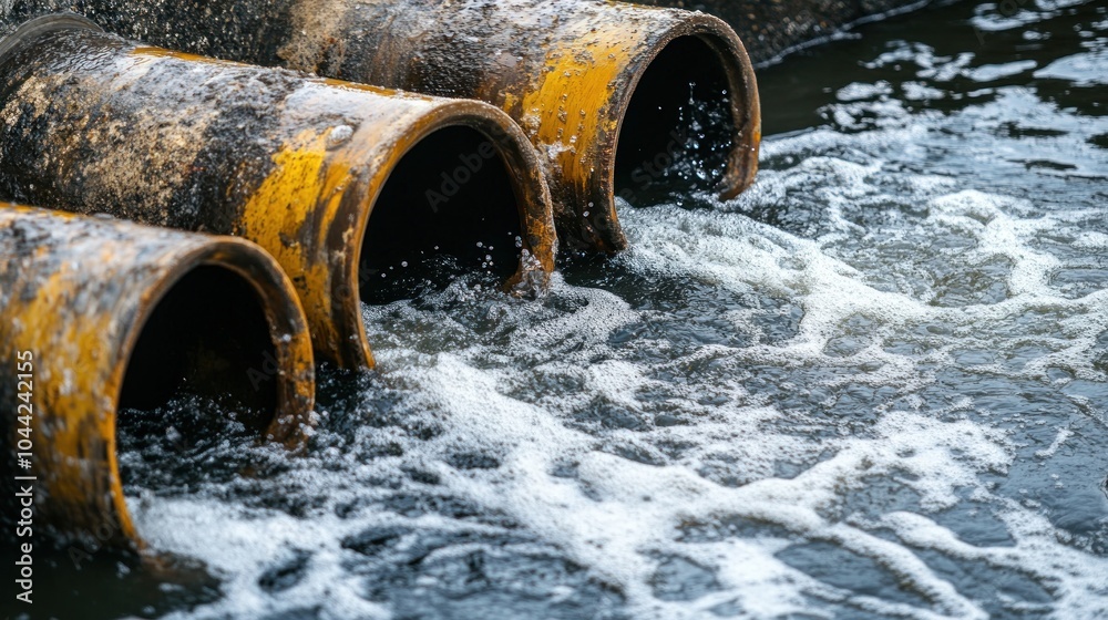 Three rusted pipes discharge water into a murky body, creating foam and ripples. Three rusted pipes discharge water into a murky body, creating foam and ripples.