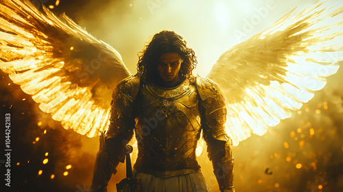 Biblical representation of the archangel michael in glorious battle armor. Celestial Guardian. Illustration photo