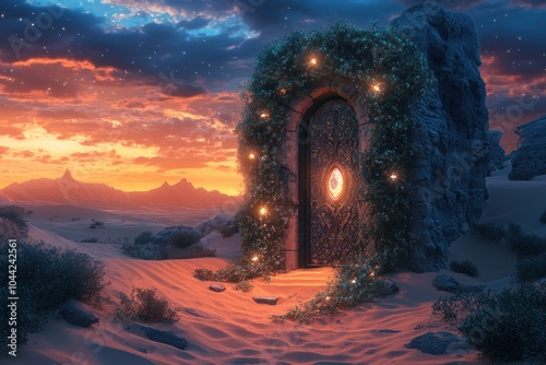 fantasy portal, a mysterious gateway of twisting vines and glowing gems, framed by an infinite desert under the evening sky photo