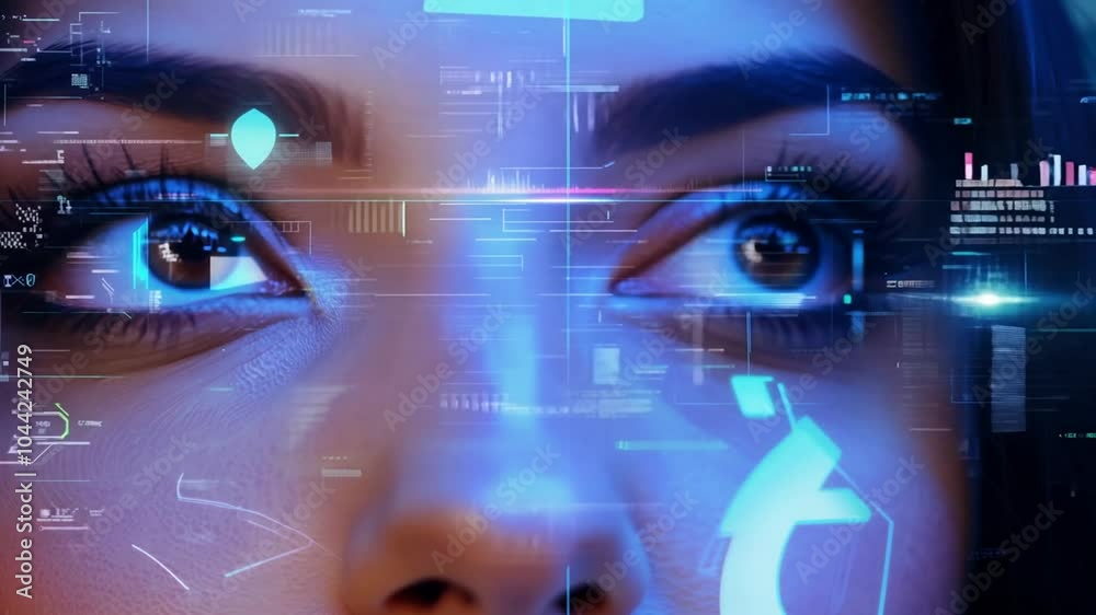 face looking glowing female digital symbols shot eyes Close aside girl brown innovative reality lense technology innovation eye brown-eyed enhanced virtual life events futuristic cyberspace future cy
