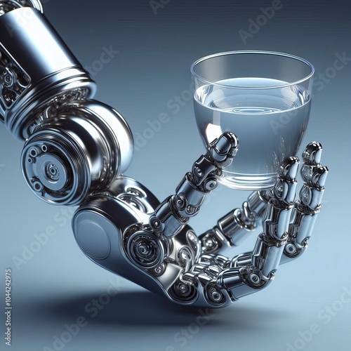 Robot arm holding a glass half full of water.