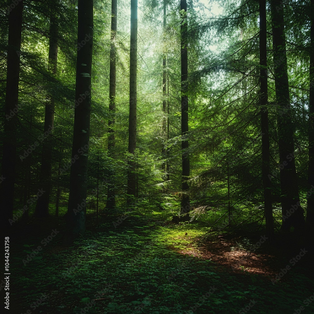 Fototapeta premium Lush green forest with sunlight filtering through the trees
