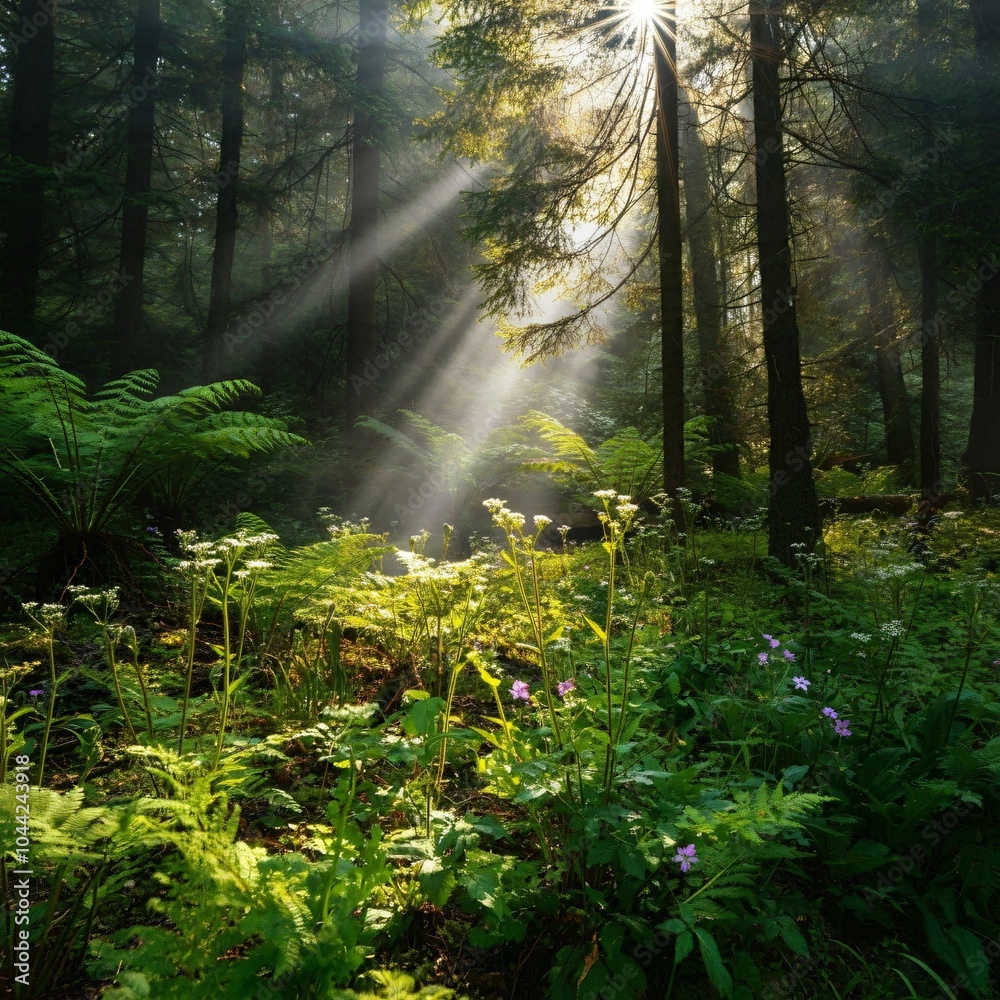 Obraz premium Lush green forest with sunlight filtering through the trees