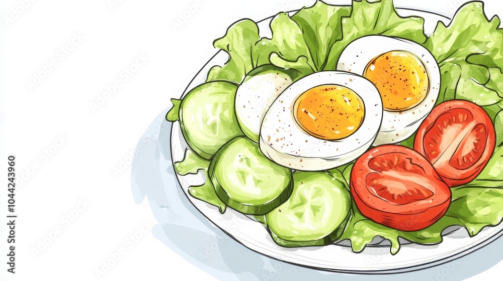 Hand-drawn egg salad with tomatoes and cucumbers on green leaves in anime style, featuring bold outlines and flat colors on a white plate. Hand-drawn egg salad with tomatoes and cucumbers on green leaves in anime style, featuring bold outlines and flat colors on a white plate.