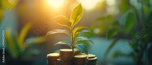 Closeup of healthy plants growing on a tower of coins, symbolizing the harmony of nature and financial returns in sustainable investing photo