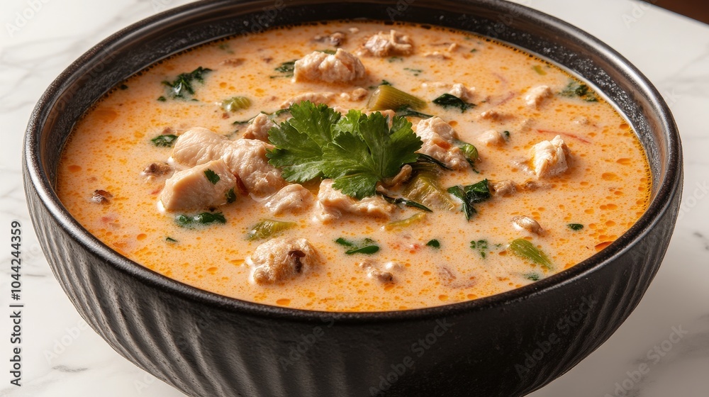 Creamy Chicken Soup with Fresh Cilantro Garnish in a Black Bowl on Marble Table - Perfect Comfort Food Recipe for Cozy Autumn and Winter Meals Creamy Chicken Soup with Fresh Cilantro Garnish in a Black Bowl on Marble Table - Perfect Comfort Food Recipe for Cozy Autumn and Winter Meals