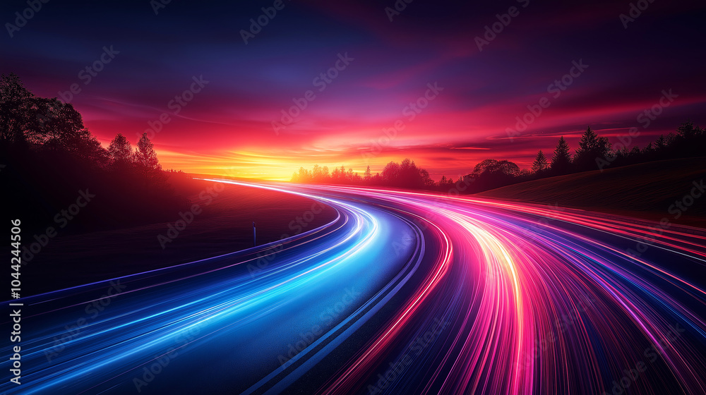 Night Highway between forest before sunset. Long exposure. Car lights in lines. Night Highway between forest before sunset. Long exposure. Car lights in lines.