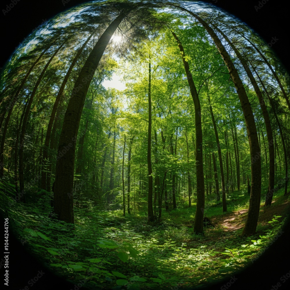 Naklejka premium Lush green forest with sunlight filtering through the trees