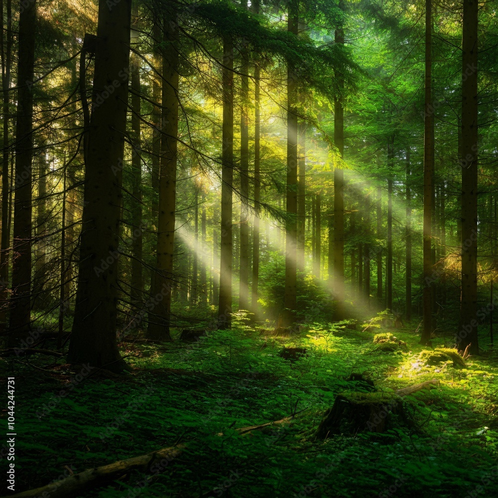 Fototapeta premium Lush green forest with sunlight filtering through the trees
