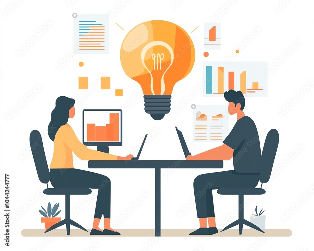 Dynamic image of two individuals working together in a sustainable office environment, featuring a radiant light bulb representing innovative finance Dynamic image of two individuals working together in a sustainable office environment, featuring a radiant light bulb representing innovative finance