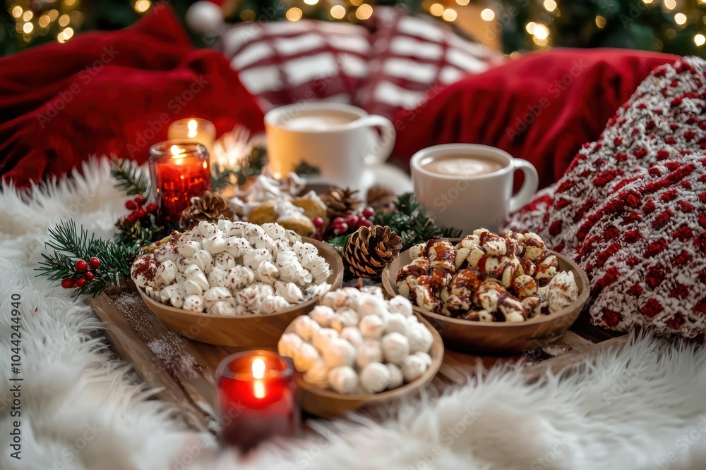 A Christmas movie marathon setup with festive snacks, hot cocoa, and cozy blankets A Christmas movie marathon setup with festive snacks, hot cocoa, and cozy blankets