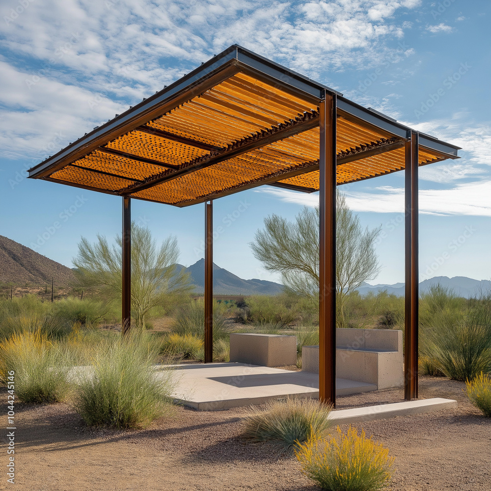 Desert Rest Stop Shade Structure Offering Shelter and Unique Desert Design Elements Desert Rest Stop Shade Structure Offering Shelter and Unique Desert Design Elements