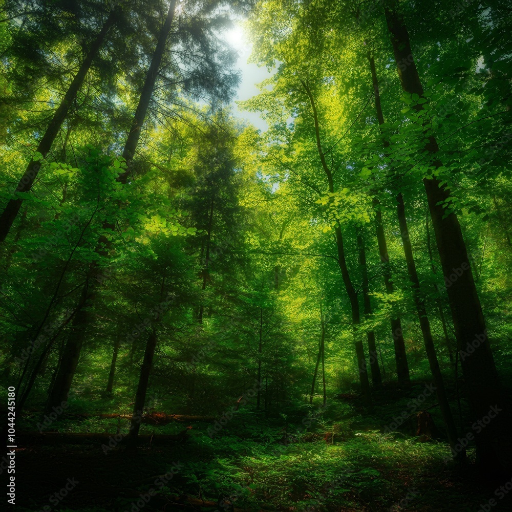 Fototapeta premium Lush green forest with sunlight filtering through the trees