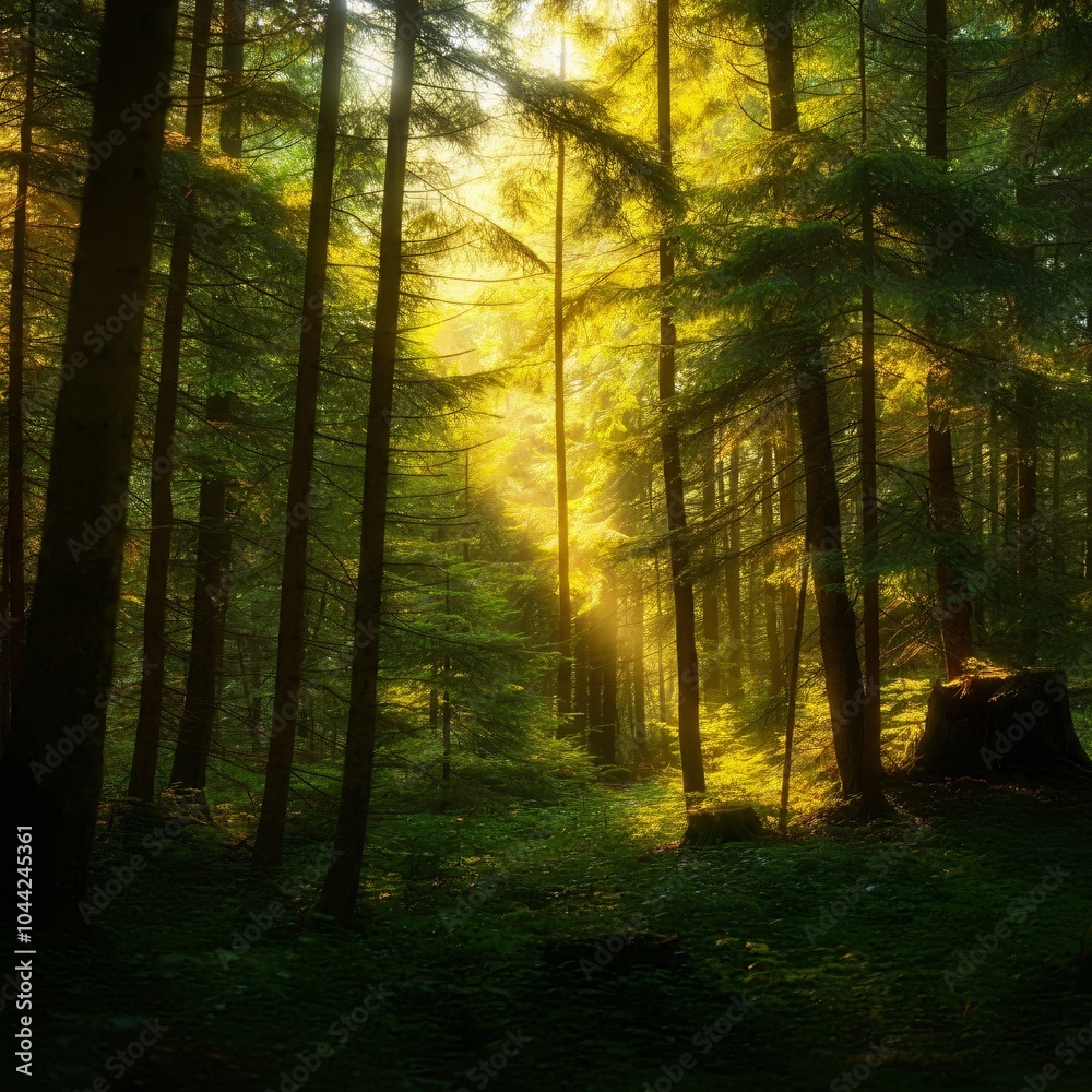 Obraz premium Lush green forest with sunlight filtering through the trees